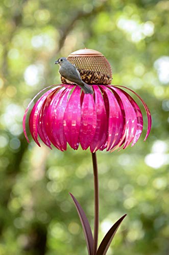 Desert Steel Red Coneflower Standing Bird Feeder - (Red - 13”W x 34”H) - Outside Rust Resistant Garden Art Metal Birdfeeder with Stand - Thumbnail 6