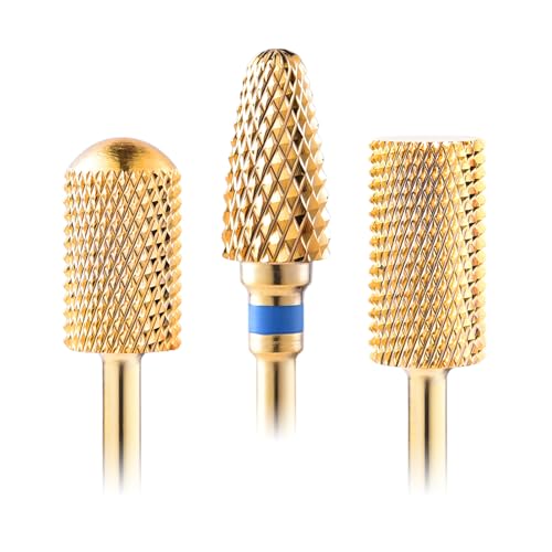 siyuwuro 3Pcs Nail Drill Bit Set 3/32'' Safety Bits Barrel/Corn Tungsten Steel Cuticle Nail File Drill Bit Manicure Pedicure Tools to Remove Gel Acrylic Nails for Nail Salon & Home DIY, Gold