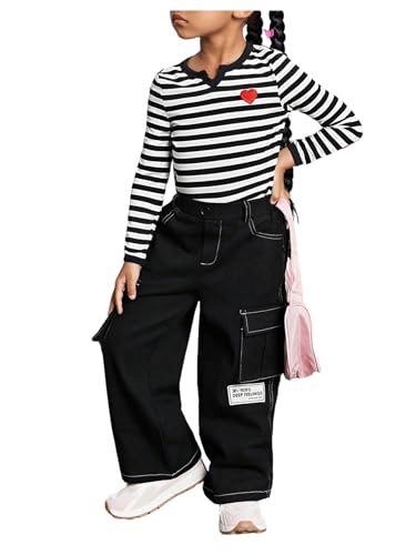 SweatyRocks Girl's Striped Long Sleeve T Shirt Heart Print Embroidery Notched Neck Casual Tee Tops4