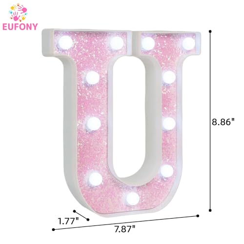Image of Pink Glitter Marquee Light Up Letters, Battery Operated LED Letter Lights Signs for Pink Birthday Party Table Decorations, Wall Decor for Girls Bedroom, Initial Letter U with Cool White Lights