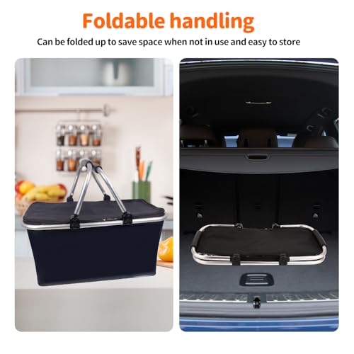 KBIBCK Einkaufskorb Kühltasche, 30L Kühlkorb Faltbar, Picknickkorb Groß, Leicht klappbar & kompakt, Mit Griff Lunchtasche Thermo Tasche für Büro Camping Picknick Reisen Einkaufen (Schwarz)