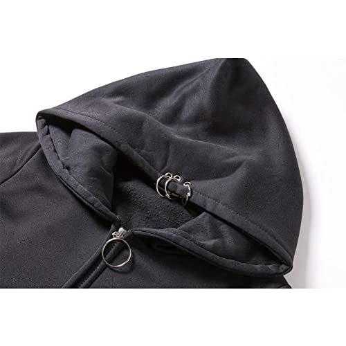 Women Gothic Punk Ring Front Zip Up Long Sleeve Hoodie Sweatshirt Jacket Coat (M) Black #TOP3