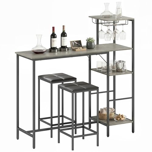 Image of HOMCOM 3 Piece Breakfast Bar Table and Stools Set, Dining Table with 4-tier shelving and Glasses Holders, 2 PU Leather Bar Stools with Footrest for Kitchen, Dining Room, Pub, Washed Grey