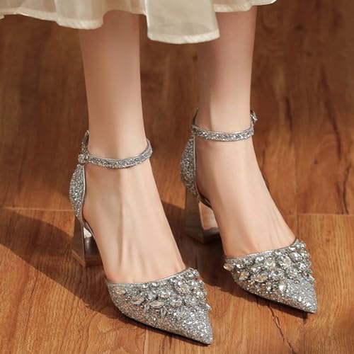 AMAZIDEAL Women's Rhinestone Sequined Chunky Heeled Pumps,Sexy Pointed Closed Toe Block Heel Buckle Sandals,Wedding Party Dress Heels4