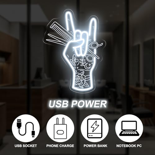 Image of Stylish Hand Holding Scissors and Comb Neon Sign Hair studio Led Light | USB Powered Dimmable Beauty Shop Neon Decor Salon Clipart Decor, Business Wall Decoration Sign 15.7 inchx11.8 inch