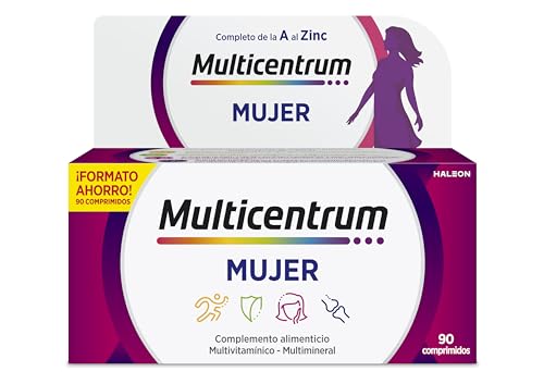 Multicentrum Mujer Complemento Alimenticio Multivitaminas con 13 Vitaminas y 11 Minerales, Sin Gluten, 90 Comprimidos