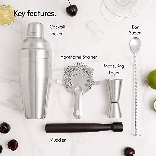 VonShef Silver Cocktail Making Set - Manhattan Cocktail Set with Stainless Steel Shaker, Wooden Muddler, Twisted Bar Spoon, Hawthorne Strainer and 25ml/ 50ml Shot Measuring Jigger - Gift Box Included