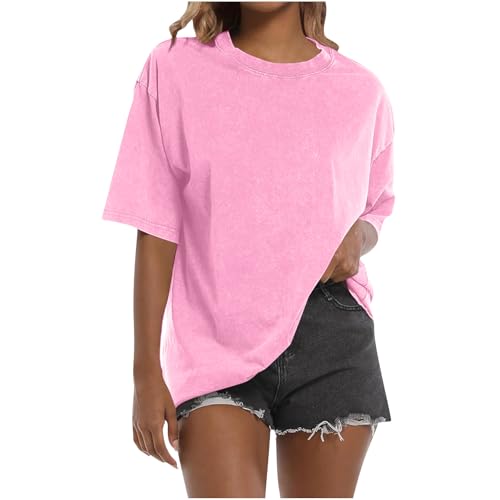 Image of Women Tops Short Sleeve Summer T Shirts Washed Oversize Tops Round Neck 2025 Trendy Half Sleeve T Shirts Women Athletic Activewear Retro Streetwear Plus Size Pink