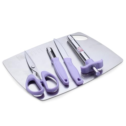 Image of Anjali 5-Piece Kitchen Tool Set - 1 Chopping Board, 1 Knife, 1 Peeler, 1 Scissor, 1 Lighter - Ideal for Cooking, Food Prep, and Various Uses for Home & Kitchen- Purple