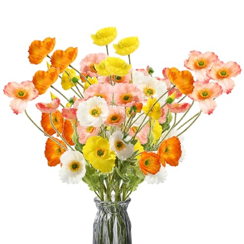 Canlierr 30 Pcs Silk Artificial Flowers Faux Silk Poppy Flowers for Spring Home Kitchen Wedding Decorations Floral Arrangement Vase Bouquet Outdoor Party Decor Table Centerpiece (Mixed Colors)