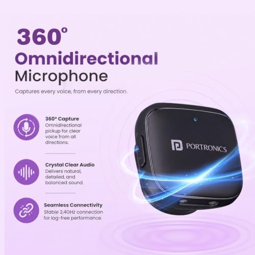 Image of Portronics VlogMate C Type-C Wireless Microphone with Noise Cancellation, Bluetooth 5.0v, 360 Omnidirectional Mic, 20M Range, Real-Time Sound Reception, Audio Video Sync