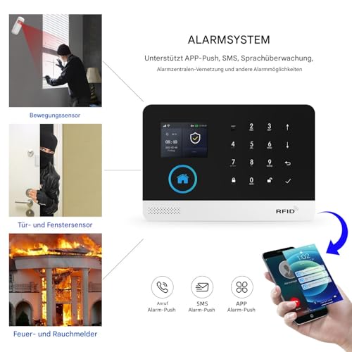Drahtloses Hausalarmsystem,17-teilig,GSM,SMS,WiFi, komplettes Einbruchmeldesystem, Alarmsirene mit...