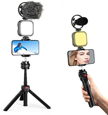 CAMOLO Vlogging Kit Smartphone Video Microphone Kit for iPhone Android LED Light Adjustable Tripod Phone Holder Bluetooth Remote Double 1/4" Screw Hole for Vlogging YouTube Tiktok Facebook Camera