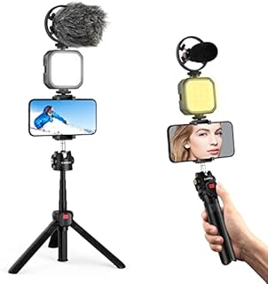 CAMOLO Vlogging Kit Smartphone Video Microphone Kit for iPhone Android LED Light Adjustable Tripod Phone Holder Bluetooth Remote Double 1/4" Screw Hole for Vlogging YouTube Tiktok Facebook Camera
