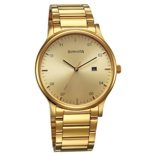 Sonata Light Champagne Dial Analog Watch for Men -77105YM03