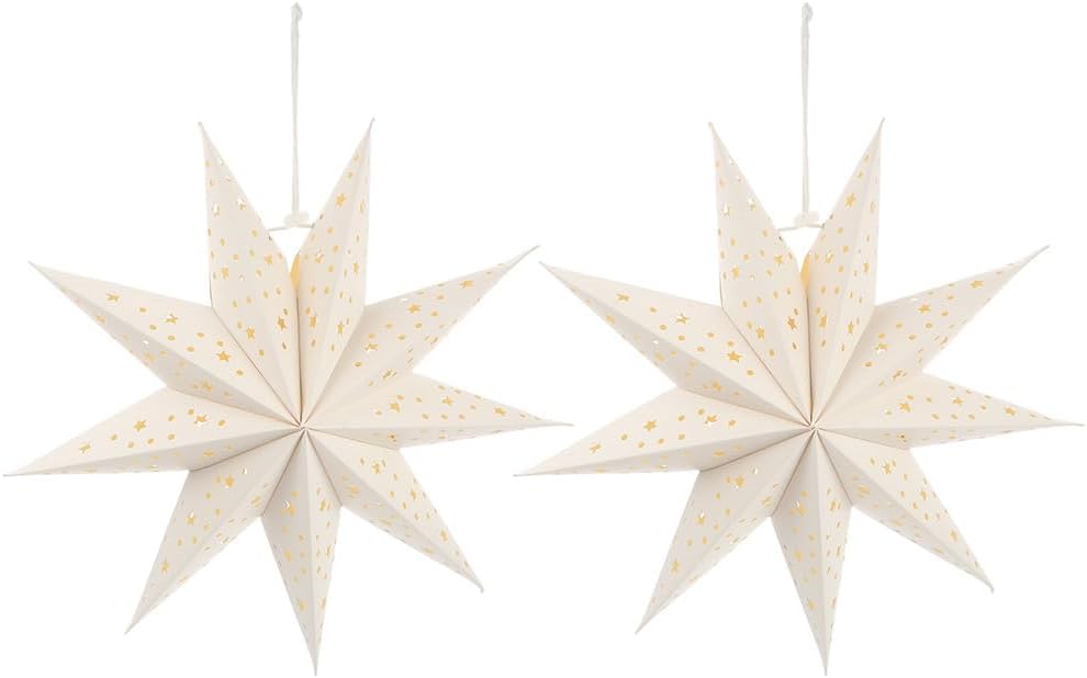 Garneck 2pcs 35cm Paper Star Lanterns with Lights 9 Pointed Star Hanging Decorations for Christmas New Year Wedding Party Holiday and Birthday Celebrations