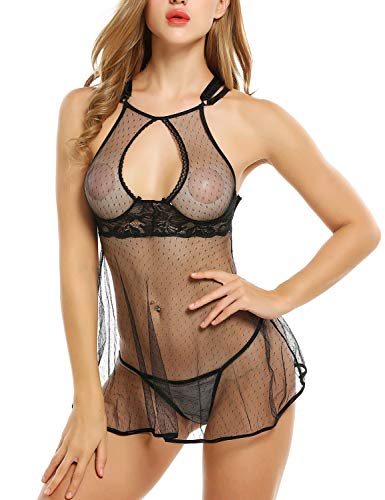 Avidlove Women's Sexy Lingerie Halter Mesh Chemise Sheer Lace Mini Babydoll Nightgown Sleepwear