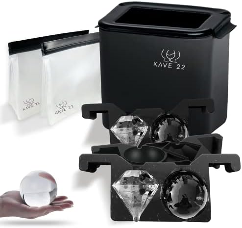 KAVE 22 Clear Ice Ball and Diamond Mold, Prepare 4 Clear Ice at Once, With 2 Storage Bags – Elegant and Refined Ice Ball Molds for Whiskey, Bourbon, Vodka – Sphere and Diamond Shaped Ice Cube Trays