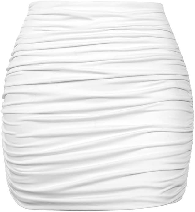 YMDUCH Women's Sexy High Waist Solid Tight Ruched Bodycon Mini Club Skirt Large White Size Large