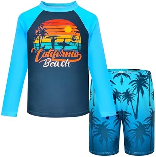 Boys Two Piece Rash Guard Swimsuits Kids Long Sleeve Swimwear Sets Quick Dry Bathing Suit Beach Swim Short Hawaiian Size 6-7