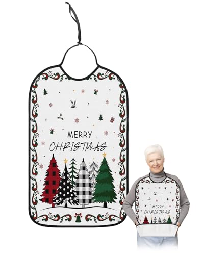 LEOKOTI Christmas Tree Adult Bibs for Eating, Waterproof Bibs with Food Catcher & Adjustable Snap Closure, Xmas Tree Gifts Balls Winter Snowflake Washable Clothing Protectors Adult Bibs for Elderly