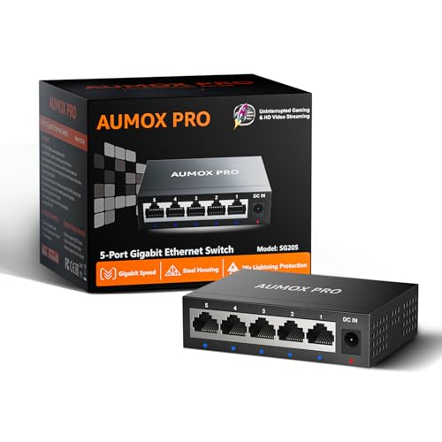 Image of 5 Port Gigabit Unmanaged Ethernet Switch, AUMOX PRO Home Network Hub, Office Ethernet Splitter, Plug-and-Play, Silent Operation, Desktop or Wall Mount, Fanless Metal Design