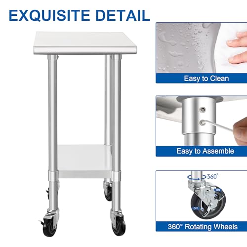 Image of HARDURA Stainless Steel Commercial Table Prep & Work Table with Casters Heavy Duty Metal Table with Wheels NSF 430 24x18 Inches