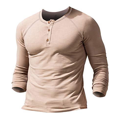 Muscle Alive Men Slub Henleys T-Shirt Long Sleeve Lightweight Relaxed Fit Casual with 3 Buttons Apricot Color Size M
