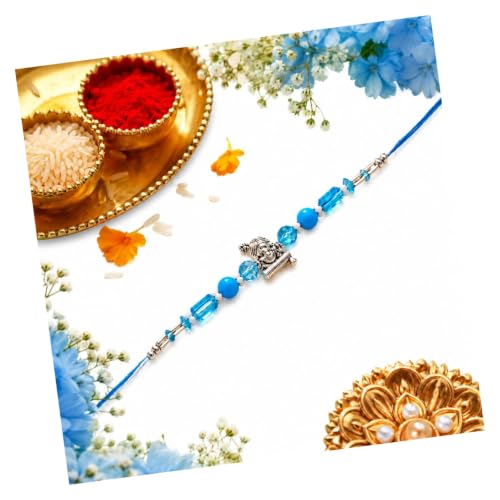 Image of Designer Shree Krishna Motif Rakhi for Brother with Roli Chawal Pack, Elegant Blue Beaded Rakshabandhan Thread, Traditional Rakhi Gift for Bhaiya