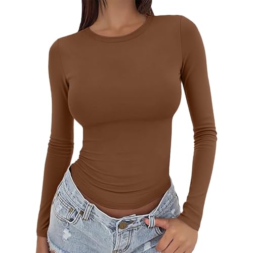 Damen 3er-Pack Langarm-T-Shirts Y2K Slim Fit Stretch Rundhalsausschnitt Basic Layering Tops Casual Yoga Sport Wear A02, Eine Packung: Braun, S Damen 3er-Pack Langarm-T-Shirts Y2K Slim Fit Stretch Rundhalsausschnitt Basic Layering Tops Casual Yoga Sport Wear A02, Eine Packung: Braun, S