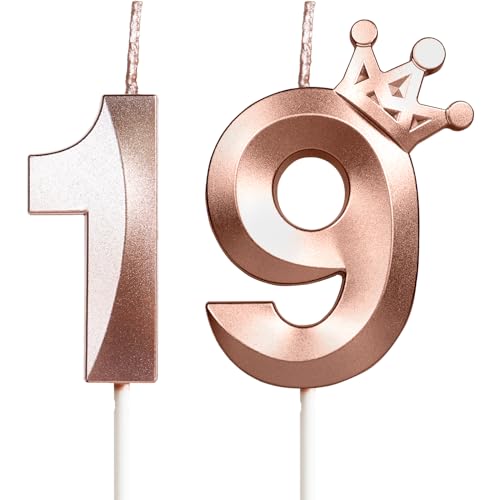 19th Birthday Candles for Cake, Number 19 Rose Gold Candles with Crown, 3D Design Birthday Cake Topper for Women Men Birthday Party Wedding Anniversary Celebration Decorations Supplies