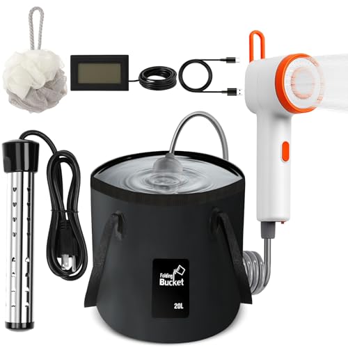 FODAHRWS ポータブルキャンプシャワーポンプ 5ガロン 折りたたみ式バケツ ヒーター付き キャンプ加熱キット すすぎ、ビーチ、旅行、ペットバス、洗車用