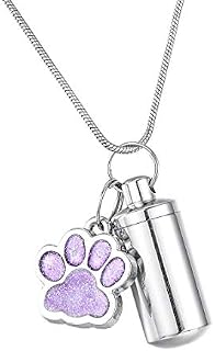 Valyria Purple Pet Puppy Dog Paw Charm & Small Cylinder Memorial Urn Necklace