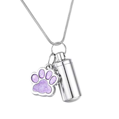 Valyria Purple Pet Puppy Dog Paw Charm & Small Cylinder Memorial Urn Necklace