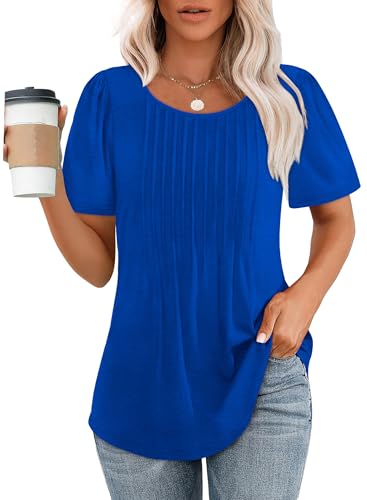 Womens Tops School Outfits for Teachers Summer Short Sleeve Pleated Loose Fit Blouses Dressy Casual Business T Shirts Solid Plain Blue 2XL