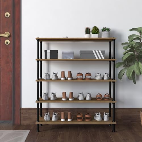 Image of TABLE MAGIC Jazz Shoe Rack Wooden Organizer | 5-Tier Multipurpose Shoes Stand for Home Wooden Shelves with & Steel Frame, Space-Saving Home Organizer, D30 x W60 x H85cm - Golden Teak
