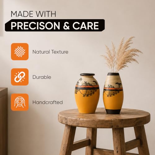 Image of Aakriti Art Creations Madhubani Terracotta Vase Set of 2 with Fish Motif | Handmade Yellow Decorative Flower Vases | Matte Finish Table Decor for Living Room, Shelf Decor & Housewarming Gifts