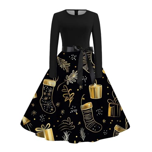 Vestido de viaje de manga larga con cuello redondo y estampado navideño para mujer, amarillo, S