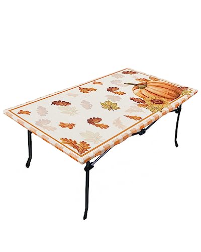 Fall Thanksgiving Fitted Table Covers for 3 Foot Tables, Orange Plaid Pumpkin Maple Leaf Sunflower Elastic Table Cover Rectangle 24