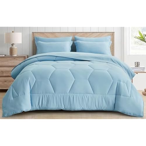 Chezmoi Collection Piper Bed in a Bag Full 7-Pieces Chambray Blue Honeycomb Geometric Hexagon Quilted Stone Washed Microfiber Comforter with Sheets Lightweight All Season Bedding Set