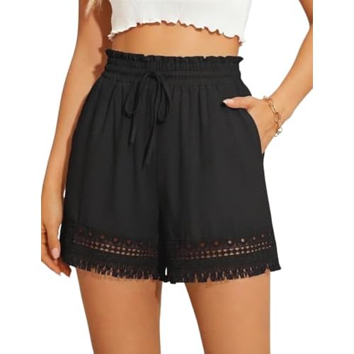 AKEWEI Womens Elastic High Waist Cotton Shorts Casual Ladies Drawstring Lace Summer Beach Shorts