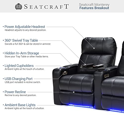 Seatcraft Monterey Home Theater Seating, Living Room, Powered Headrest, Powered Recline, Italian Leather, USB Charging, Included Swivel Tray Table, Row of 4, Black