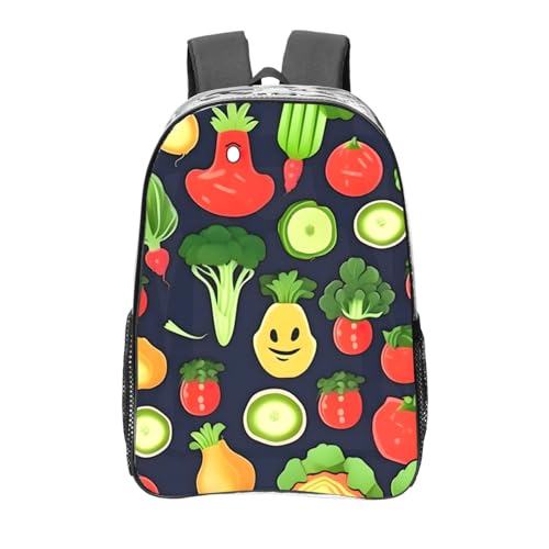 Cartoon Vegetable Fruit Print Work Travel Stadium Events Transparent Backpack PVC Clear Bag Large Side Pockets