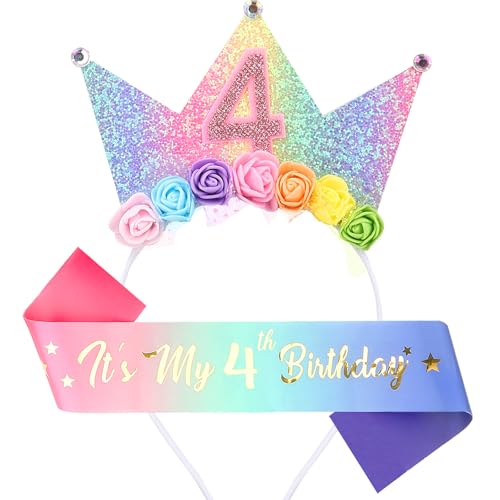 Leixi Headband & Glitter Sash Set for Girl Birthday Decor,Birthday Flower Princess Crown Headband for Girl Outfit (Purple 4)