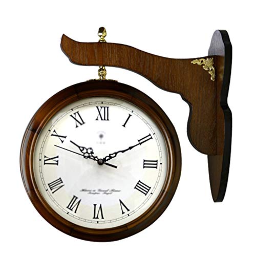 Decoración del hogar-QFF De doble cara reloj de pared, colgados de la pared Relojes de madera maciza números grandes relojes de pared 14 pulgadas reloj redondo de metal hueco Manos Uso familiar Cover