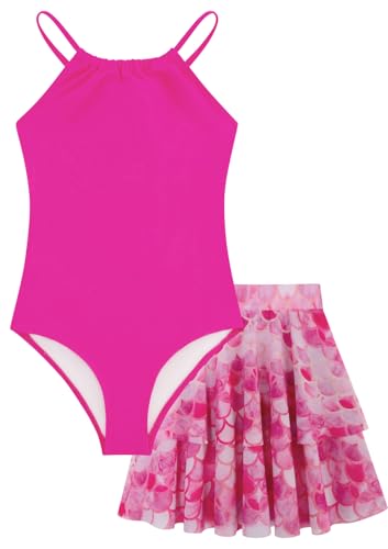 Seanrui Girls Kids Swimsuit One Piece Tankini Swimsuits Bathing Suit Swimwear Size 6 with Skirt Hot Pink