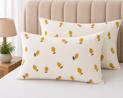 Image of Cotton Pillow Cover Set (1 Pair) | 20x30 Inch | Soft Breathable Cotton Fabric - Comfortable, Durable & Easy Care - 2 Pcs Set | White Stripe Orange Print