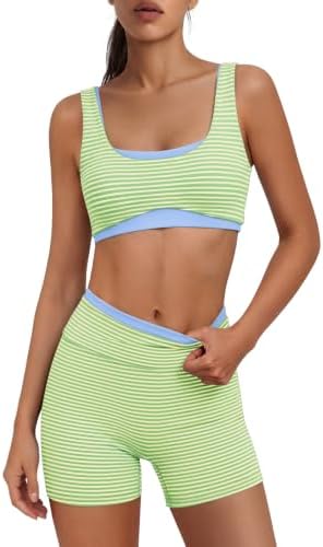 Nirovien Womens Striped Workout Set Double Layer 2 Piece Athletic Sets High Impact Sports Bra Biker Shorts Yoga Outfit(Green Beige,L)