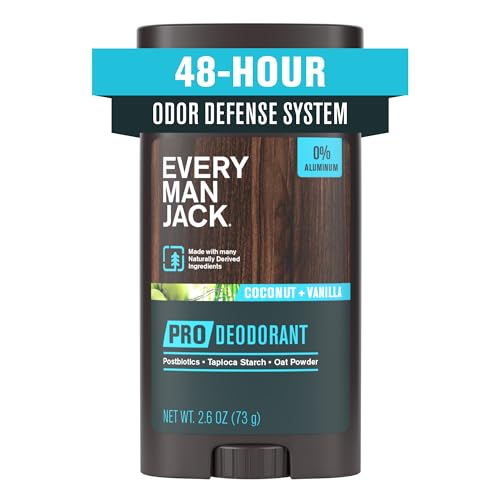 Every Man Jack Men's Pro Deodorant - 48-Hour Odor Defense Blend - Aluminum Free - Contains Postbiotics, Tapioca Stach & Oat Powder - Coconut + Vanilla Scent - 2.6 oz - 1 Pack