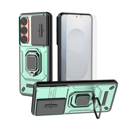 Asuwish Phone Case for Samsung Galaxy S26 5G with Slide Camera Cover Tempered Glass Screen Protector Ring Holder Stand Rugged Slim Protective Military Grade Hybrid Cell S 26 26S Women Men Green